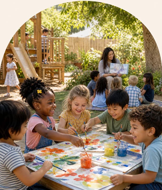 Illustrative scene of children painting outdoors
